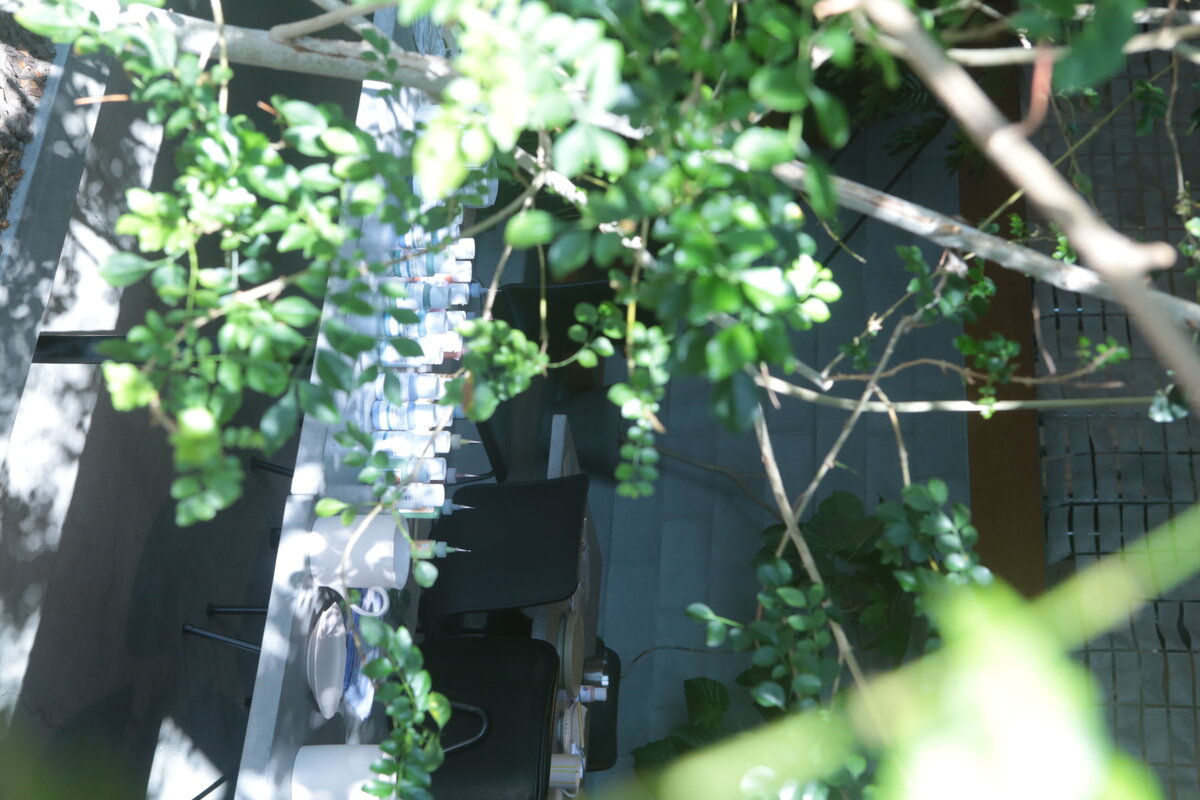 緑越しに見えるワークスペースのテーブル